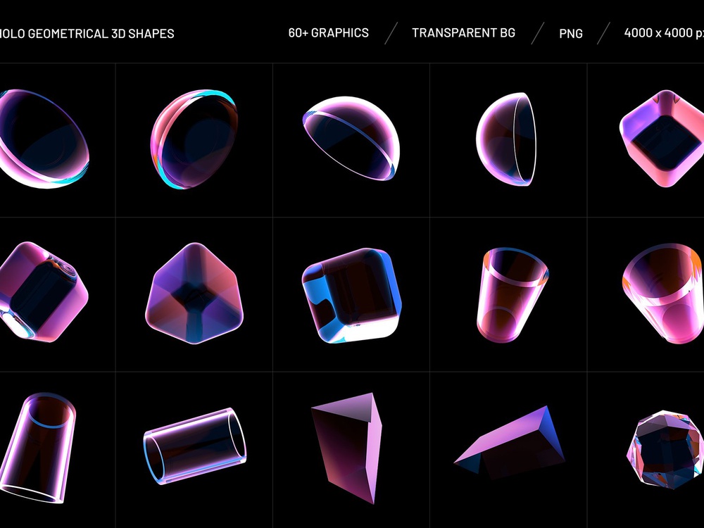 134个高质量创意大胆全息透明几何3D形状PNG素材 Holo Geometrical 3D Shapes Collection 图片素材 第6张