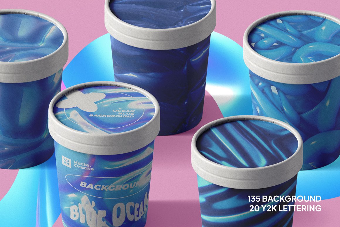 185个海洋蓝色3D流动光泽液体抽象艺术背景图片Y2K涂鸦标题设计套装 Ocean Blue | Background . 第2张