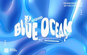185个海洋蓝色3D流动光泽液体抽象艺术背景图片Y2K涂鸦标题设计套装 Ocean Blue | Background