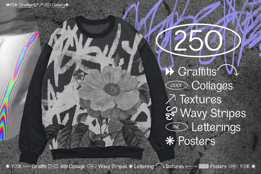 千禧年涂鸦垃圾美学Y2K涂鸦迷幻拼贴艺术波浪条纹背景形状素材包 Grunge Gallery: Graffiti Collage . 第3张
