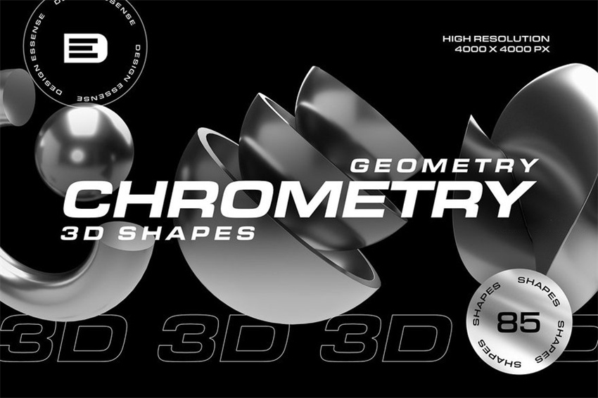 设计资源-85款3D金属镀铬几何形状图形元素PNG素材 图片素材 第1张