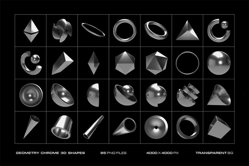 设计资源-85款3D金属镀铬几何形状图形元素PNG素材 图片素材 第3张