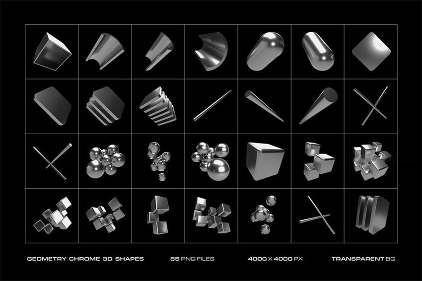 设计资源-85款3D金属镀铬几何形状图形元素PNG素材 图片素材 第4张