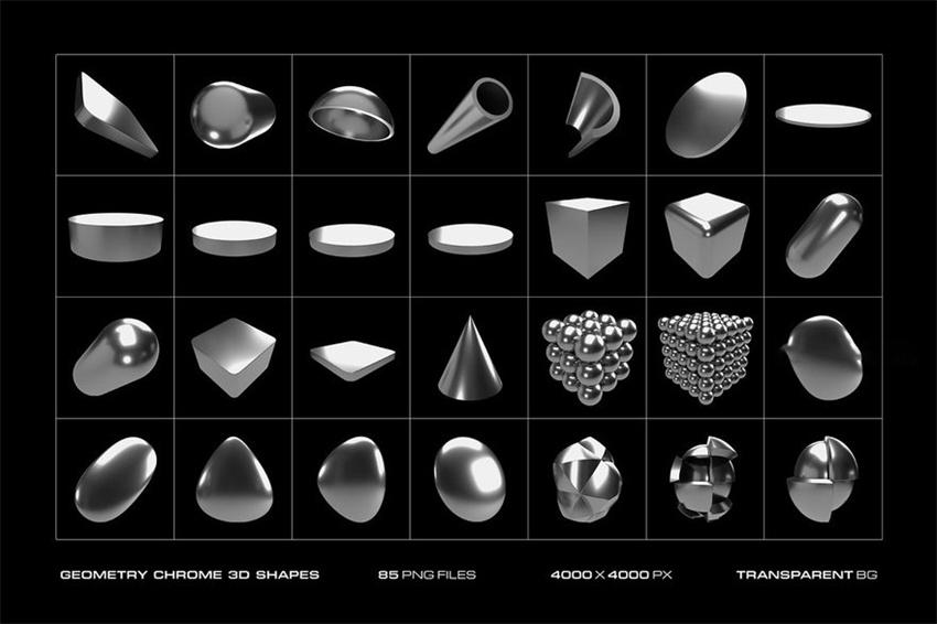 设计资源-85款3D金属镀铬几何形状图形元素PNG素材 图片素材 第5张