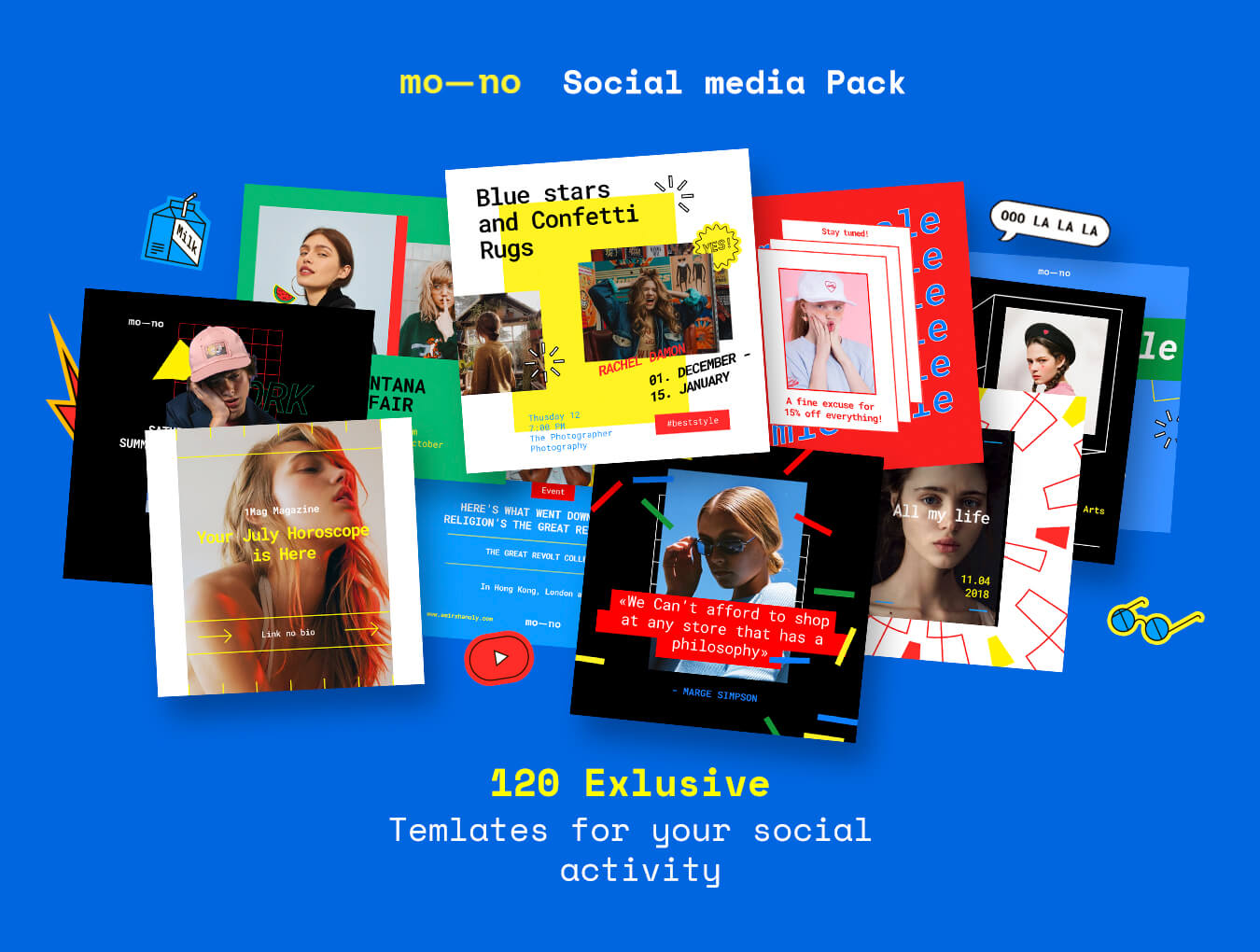 130个高级创意彩色大胆艺术魅力INS封面设计PSD模板 Mono Social Media Kit 样机素材 第1张