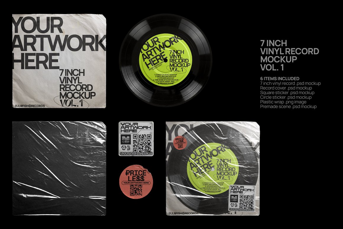 独特复古塑料撕纸7英寸黑胶唱片封面场景创建者PSD样机模型 BULBFISH 7 Inch Vinyl Record 样机素材 第2张