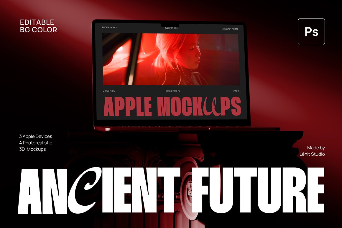 黑暗极简风格质感苹果笔记本电脑手机显示器屏幕UI设计展示PSD样机套装 Ancient Future | Apple Device Mockup . 第1张