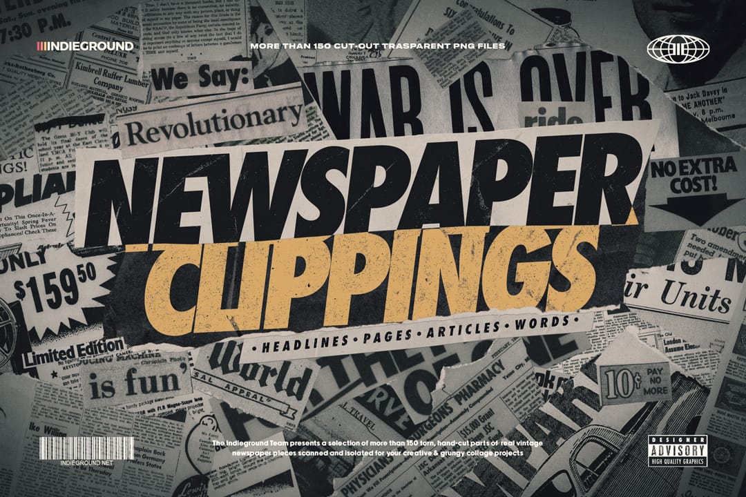 Indieground 155个复印旧报纸手工切割艺术排版剪纸拼贴PNG素材 NEWSPAPER CLIPPINGS 图片素材 第1张