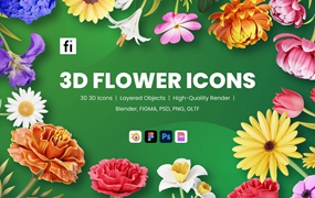 30个花卉3D图标， FIG GLTF Blend PSD格式