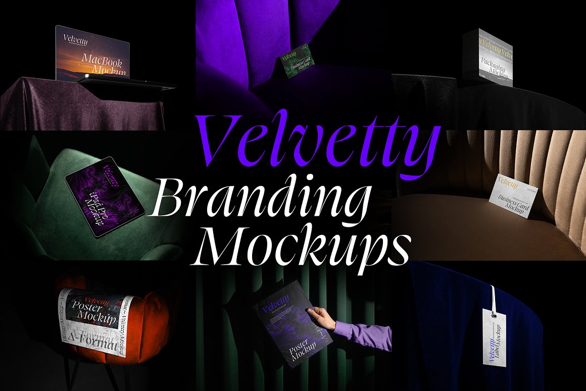 26款高级奢华品牌logo设计名片海报吊牌MacBook电脑iPad展示贴图psd样机模板 Velvetty Branding Mockups Kit . 第1张