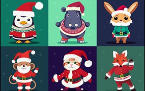 9款穿着圣诞毛衣的可爱动物矢量插图