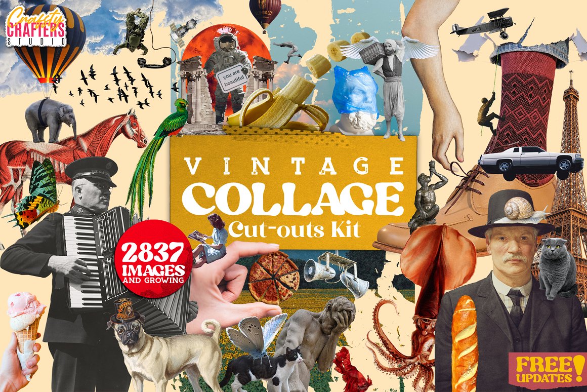 2837个复古手工剪裁拼贴艺术定格杂志人物植物动物背景PNG素材包 Craftsy Crafters Vintage Collage Kit 2837+ Elements 图片素材 第1张