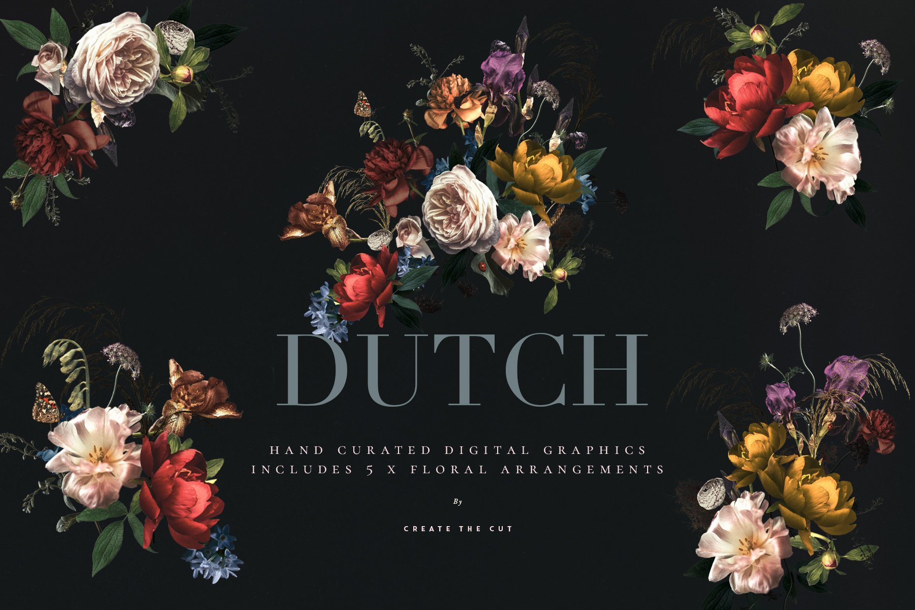 宫廷风复古艺术花卉手工剪纸PNG剪贴画 Vintage Floral Clip Art – Dutch 图片素材 第1张