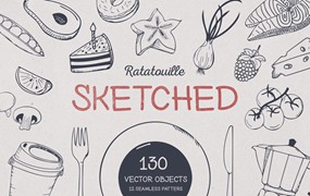 130+餐饮料理矢量插图和无缝图案