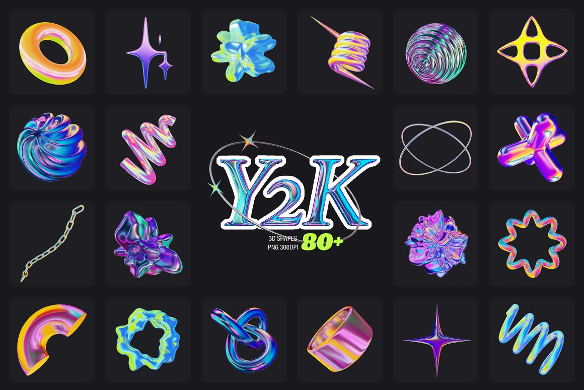 千禧2K风格全息霓虹渐变霓虹3D立体艺术图形PNG免抠设计素材 Y2K 3D Aesthetic Shapes Collection . 第7张