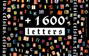 1600个复古剪纸英文字母符号剪报拼贴画psd分层素材