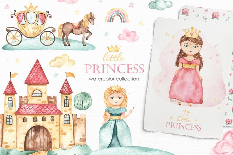 儿童水彩童话卡通公主城堡元素PSD/PNG免抠图 图片素材 第1张