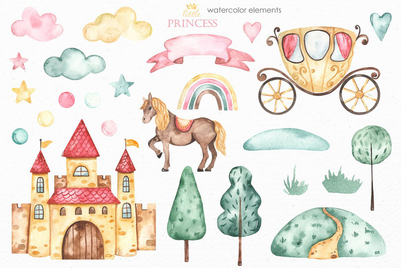 儿童水彩童话卡通公主城堡元素PSD/PNG免抠图 图片素材 第3张