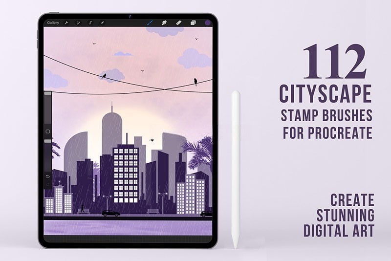 112个城市景观剪影轮廓Procreate笔刷 , 第1张
