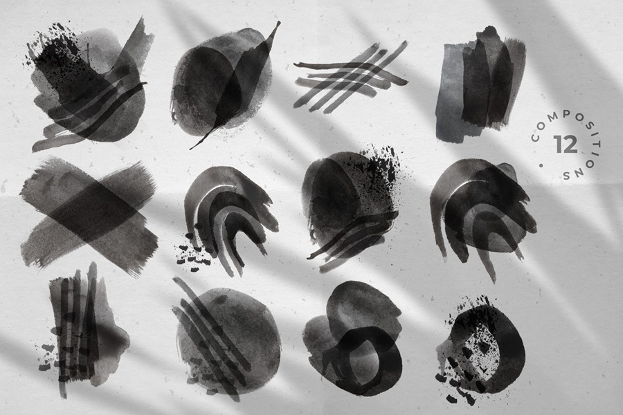 黑白手绘水彩油漆飞溅形状PNG素材合集 图片素材 第7张
