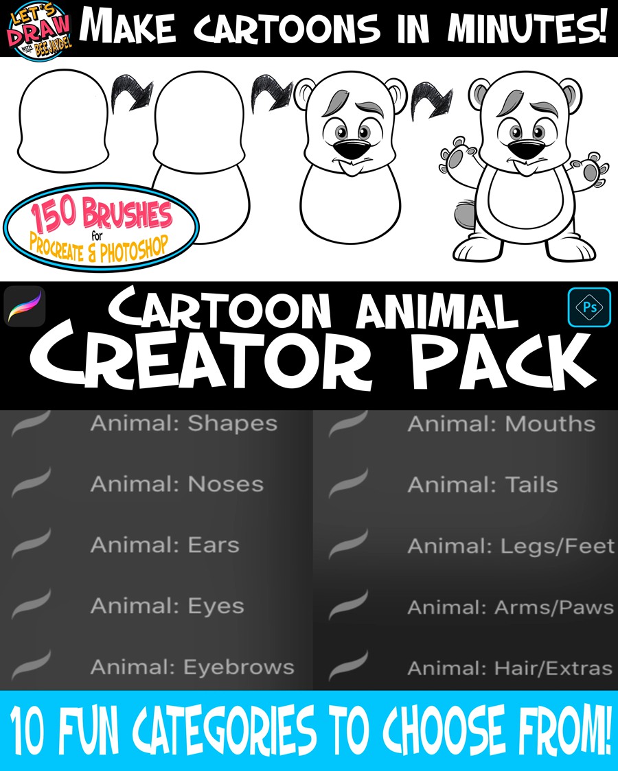 150种卡通动物创作笔刷包：适用于PS和Procreate , 第1张
