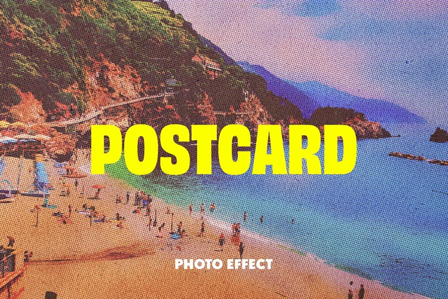 2款复古90年代质感半调颗粒磨损做旧照片PSD特效样机 Vintage Halftone Postcard Photo Effect , 第1张