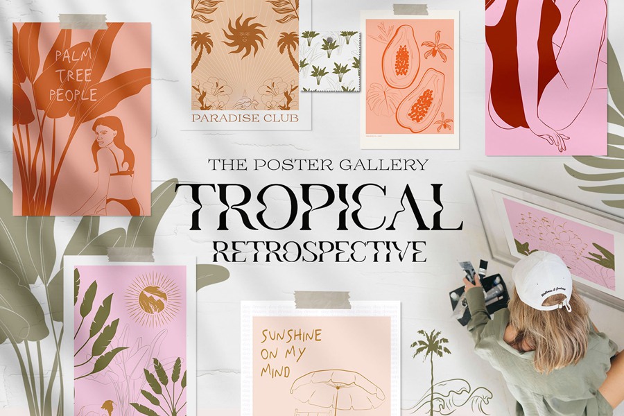 热带植物海报艺术氛围、女性气质、海洋生物、水果拼贴、纺织包装海报印刷矢量精品图形元素Tropical Retrospective Poster 图片素材 第1张