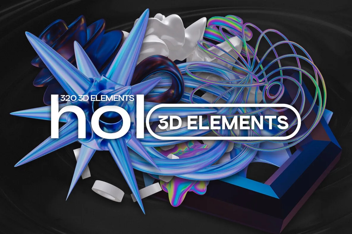 320款3D立体全息镭射金属质感抽象艺术几何图形PNG免抠图设计素材 Holo 3D – 320 3D Elements , 第1张