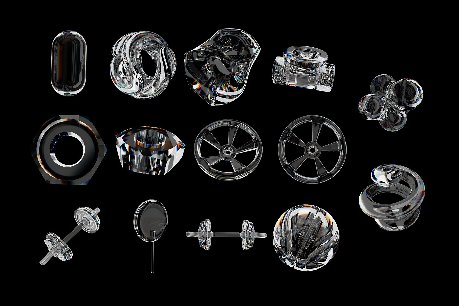 54种不同且独特的玻璃水晶3D立体形状设计元素合集 3D Chromatic Shapes Pack 设计素材 第6张