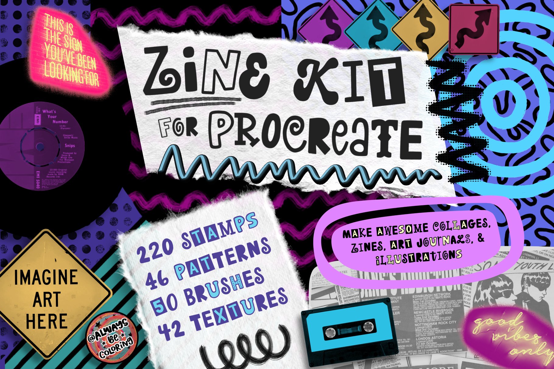 Procreate Zine Kit with 350 Brushes! 超350种画笔和图章带纹理图案、着色器、标记和刻字画笔、半色调、字母和文字图章以及逼真拼贴图章 图片素材 第1张