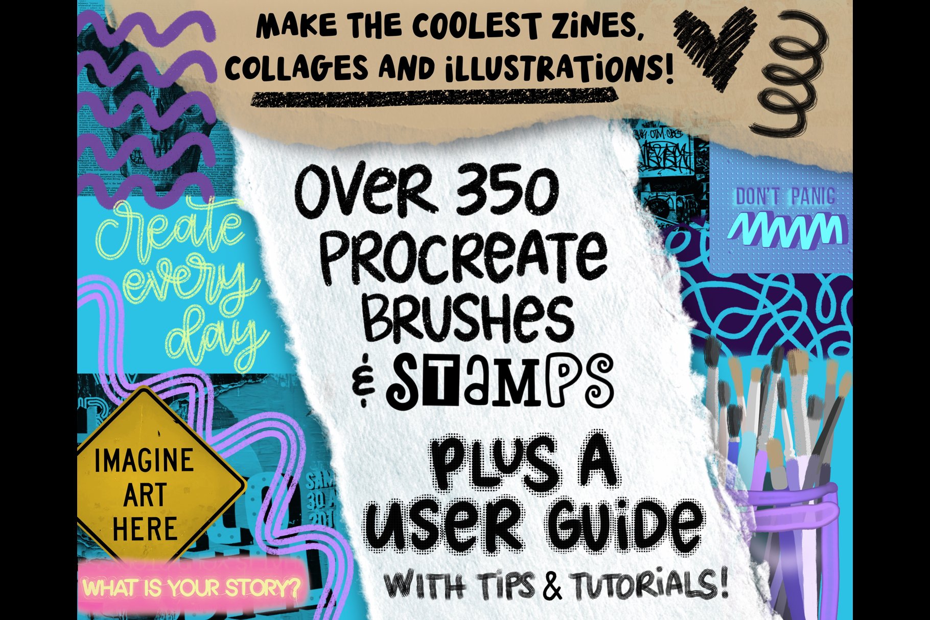 Procreate Zine Kit with 350 Brushes! 超350种画笔和图章带纹理图案、着色器、标记和刻字画笔、半色调、字母和文字图章以及逼真拼贴图章 图片素材 第10张