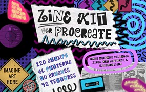 Procreate Zine Kit with 350 Brushes! 超350种画笔和图章带纹理图案、着色器、标记和刻字画笔、半色调、字母和文字图章以及逼真拼贴图章