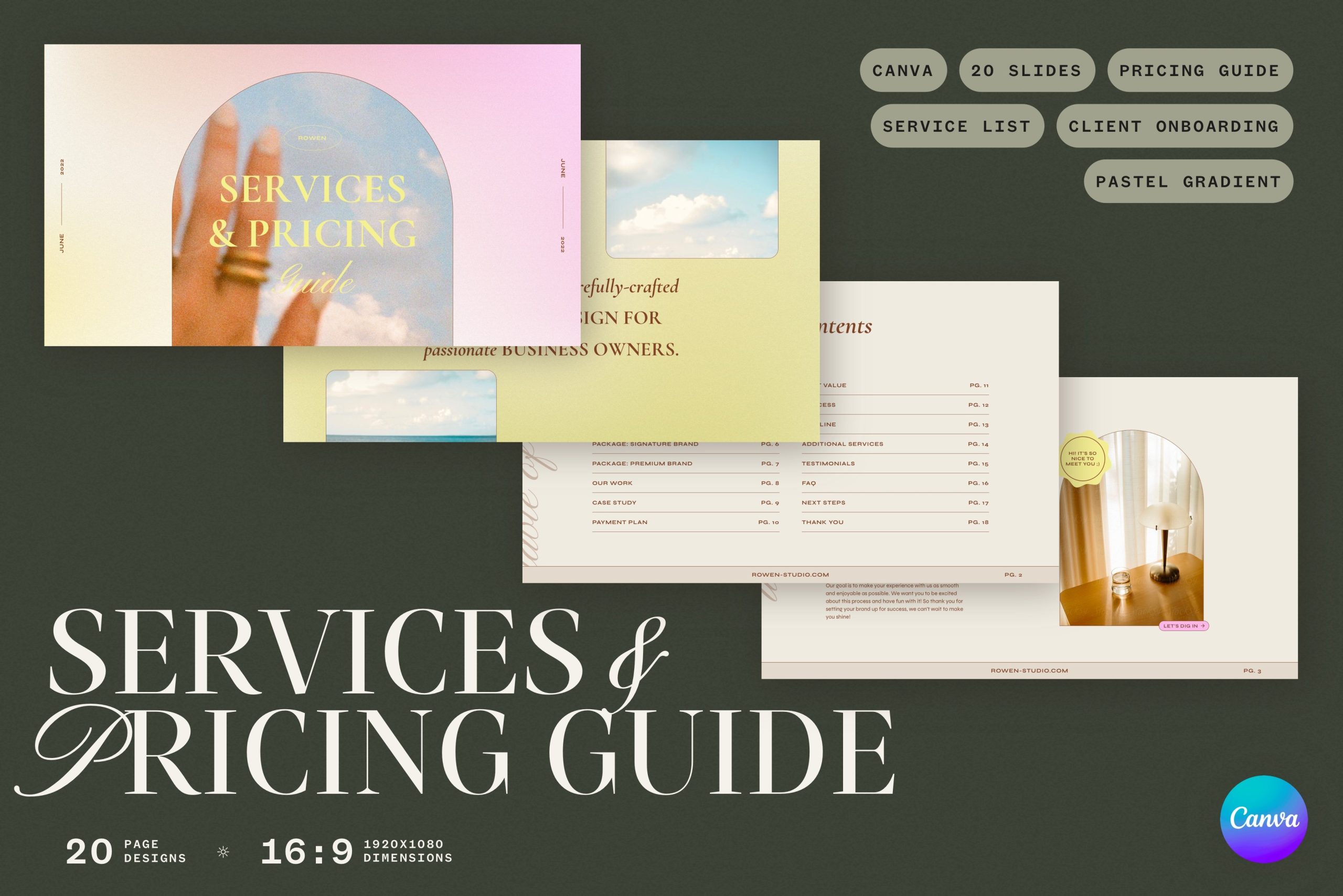 Services and Pricing Guide Canva 20页完全可定制的 Canva 在线模板和主题/设计模板 幻灯图表 第1张