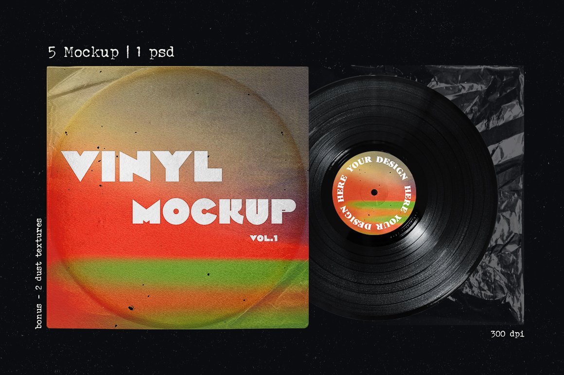 复古风格黑胶唱片模型海报传单社交媒体图形包装样机 Vinyl record retro mockup 样机素材 第1张