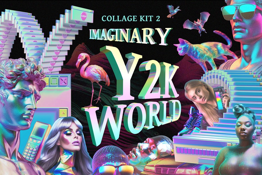复古潮流全息Y2K风格人物雕像芭比娃娃汽车电脑手机音乐服装拼贴艺术传单海报广告3D套件 Imaginary Y2K world – Collage Kit 2 , 第1张