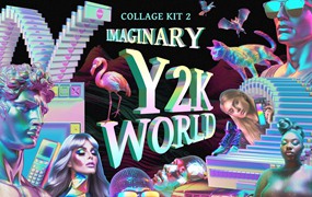 复古潮流全息Y2K风格人物雕像芭比娃娃汽车电脑手机音乐服装拼贴艺术传单海报广告3D套件 Imaginary Y2K world – Collage Kit 2
