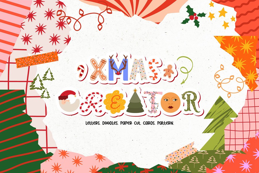 手绘涂鸦圣诞字母和数字贺卡照片拼贴艺术背景纹理海报元素合集 Christmas Creator Pack , 第1张