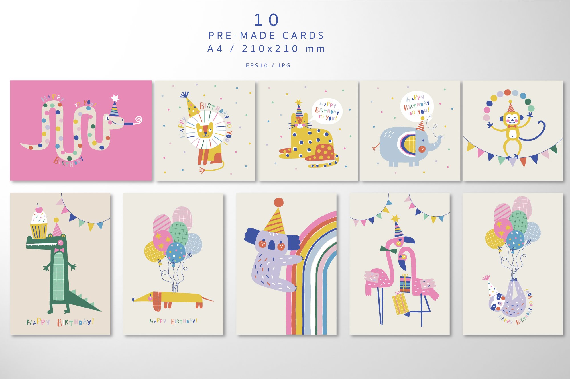 100多种精美儿童卡通动物派对图案儿童面料、服装印花、床上用品、卡片制作PNG/AI矢量手绘插画拼贴元素 Party Animals graphic collection , 第3张