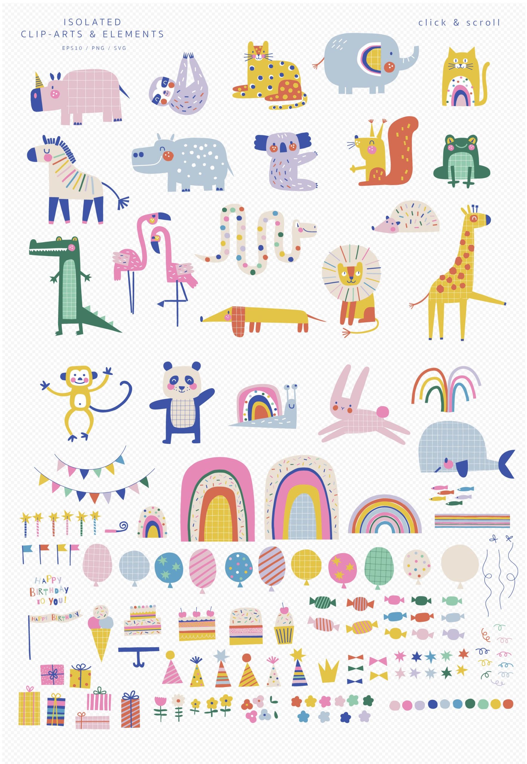 100多种精美儿童卡通动物派对图案儿童面料、服装印花、床上用品、卡片制作PNG/AI矢量手绘插画拼贴元素 Party Animals graphic collection , 第4张