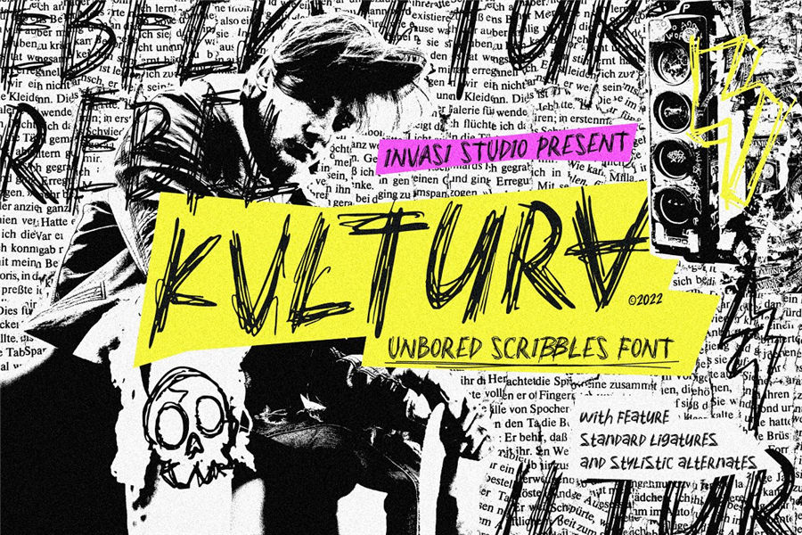 Kvltura 嘻哈风格炫酷黑白摇滚杂志手绘线条英文字体包 Unbored Scribbles Font 设计素材 第1张