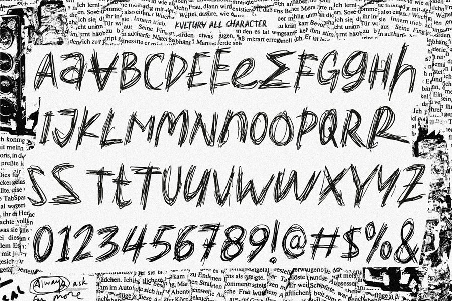 Kvltura 嘻哈风格炫酷黑白摇滚杂志手绘线条英文字体包 Unbored Scribbles Font 设计素材 第10张