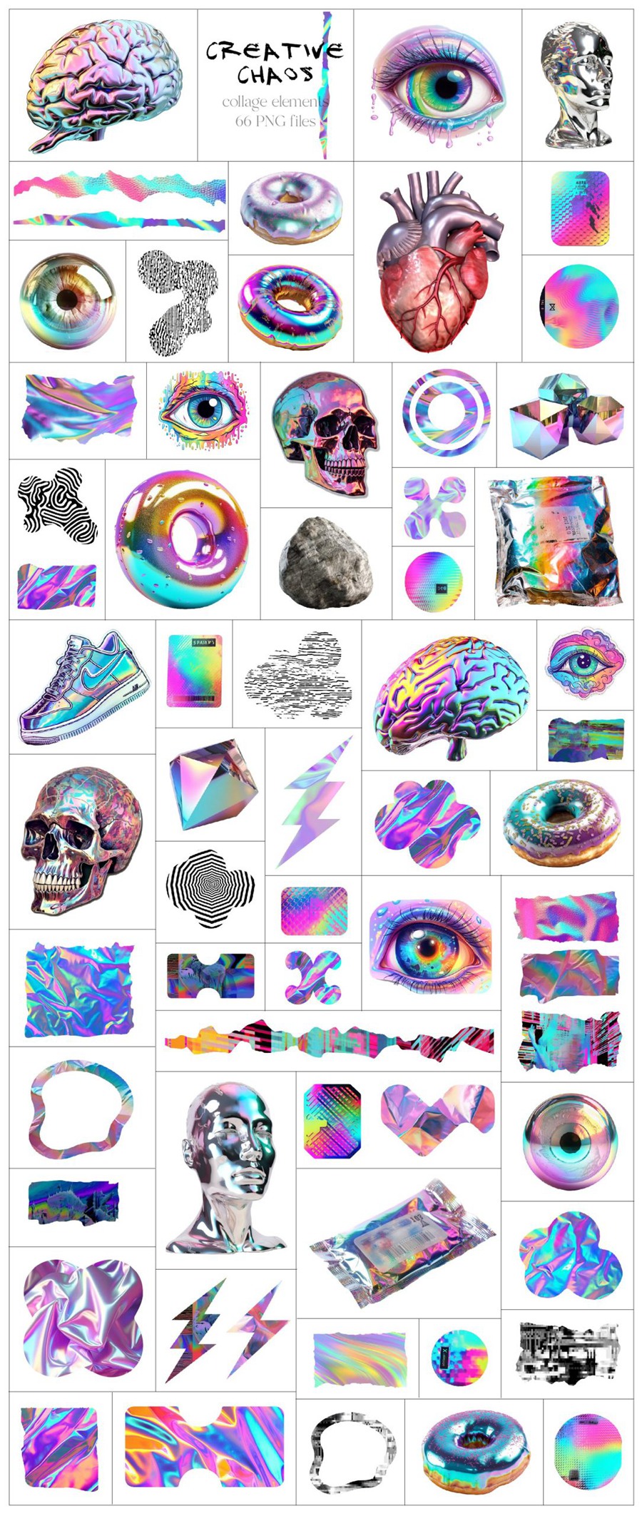 189款3D全息迷幻酸性彩虹色拼贴艺术剪贴画现代极简主义服装海报印刷品时髦创意图形合集和抽象背景纹理 3D Creative Chaos Graphic set , 第5张