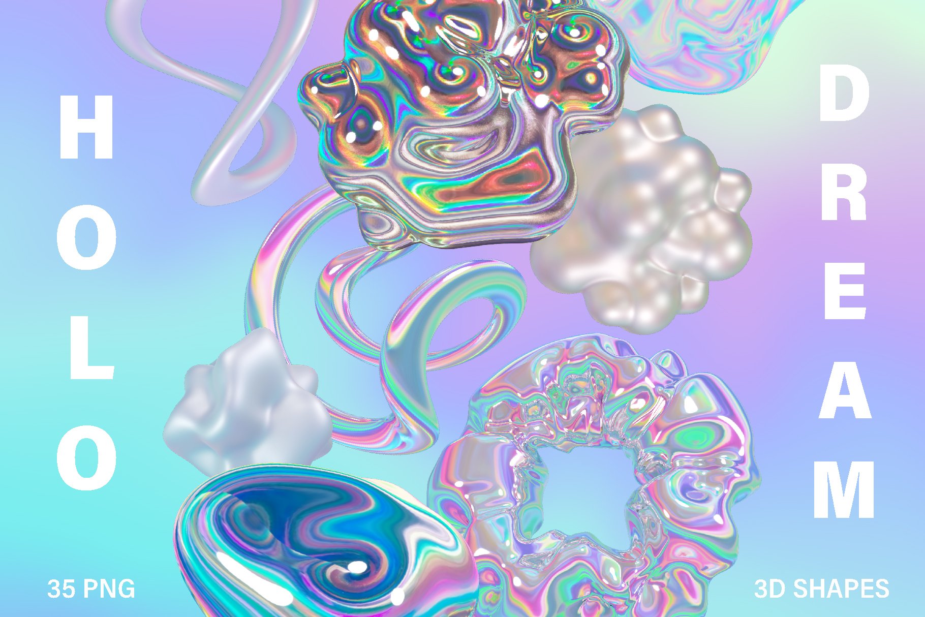 35款全息迷幻酸性虹彩3D形状抽象艺术PNG设计图形 Holo Iridescence 3D Shapes graphics 图片素材 第1张