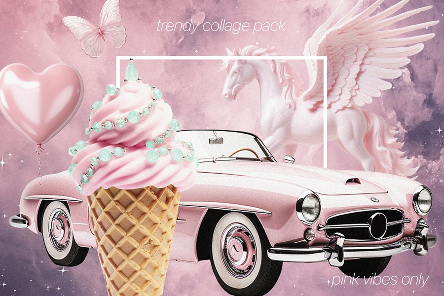 芭比乐园粉色梦幻拼贴艺术海报设计卡片包装品牌图形和背景纹理拼贴包 BARBIELAND pink graphic collage pack 图片素材 第2张
