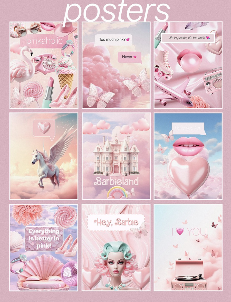 芭比乐园粉色梦幻拼贴艺术海报设计卡片包装品牌图形和背景纹理拼贴包 BARBIELAND pink graphic collage pack 图片素材 第6张