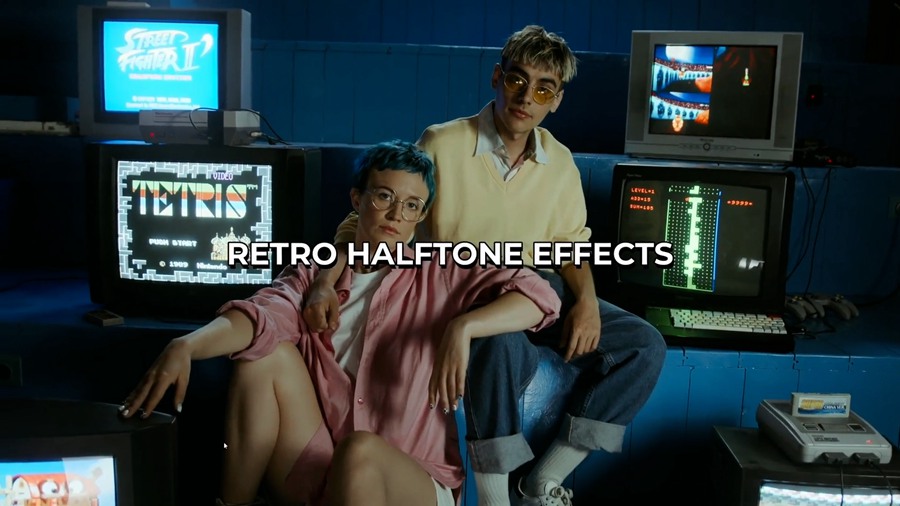 20个半色调复古闪烁、波纹、污垢、划痕和渐晕VHS 效果达芬奇模板插件 Halftone Retro VHS Effects , 第1张