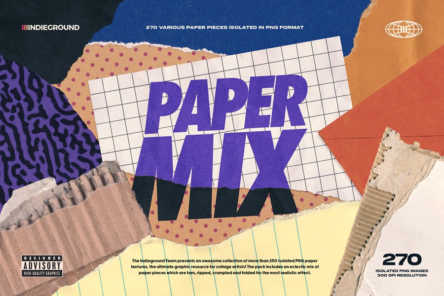 Paper Mix 250张撕纸纹理 牛皮纸、信封、纸板、便利贴笔记本纸、彩纸、图案纸张套装 Indieground Design , 第1张
