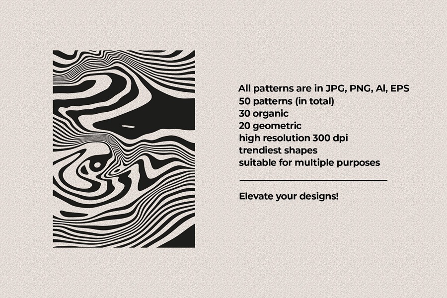 Trippy Waves Patterns 50种怀旧复古迷幻波浪波纹形状 拼贴艺术、海报、包装设计图案 JPG PNG AI , 第24张