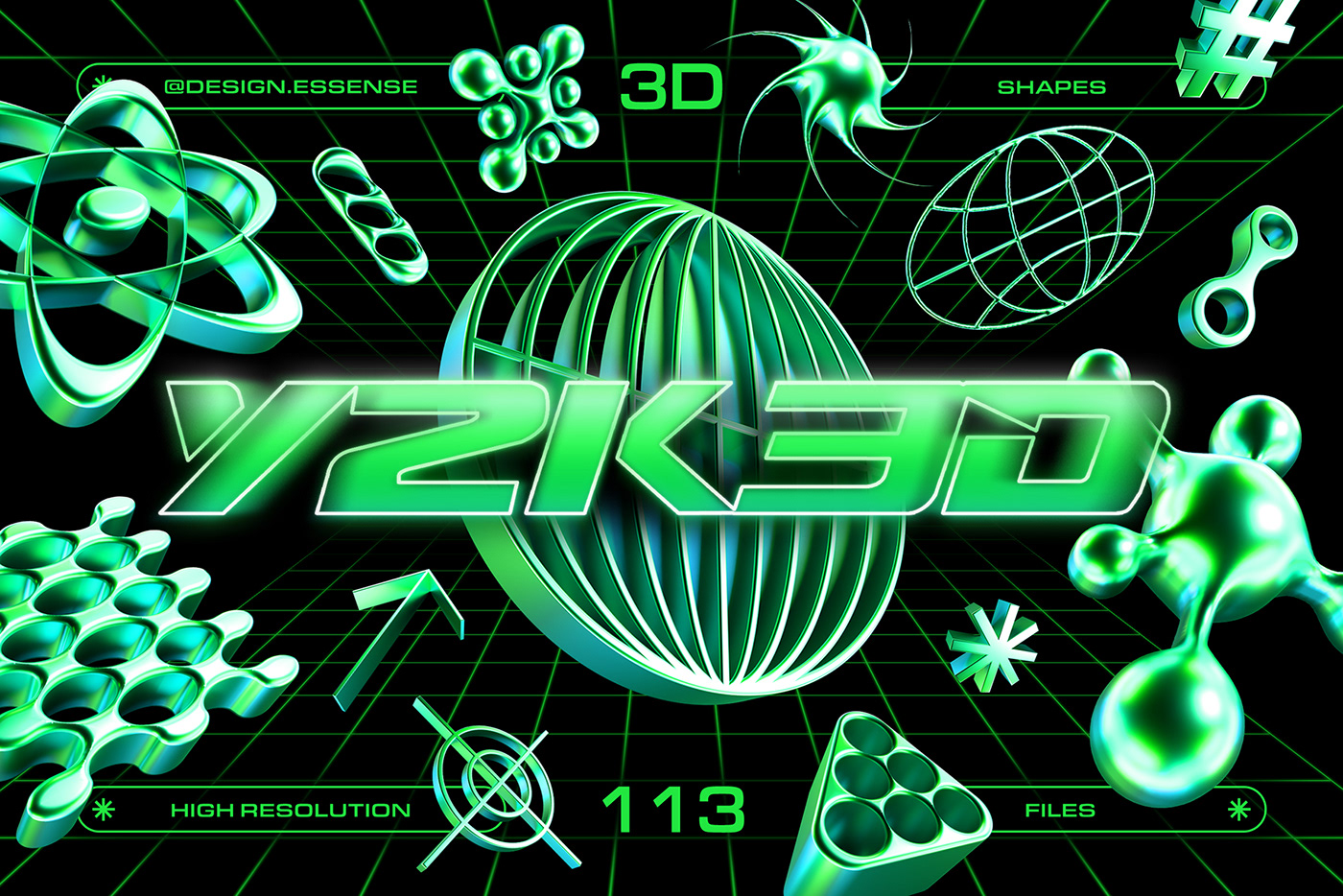 113款千禧年Y2K绿色镀铬金属3D几何抽象星芒PNG免扣设计元素套装 Y2K 3D Shapes Collection , 第1张