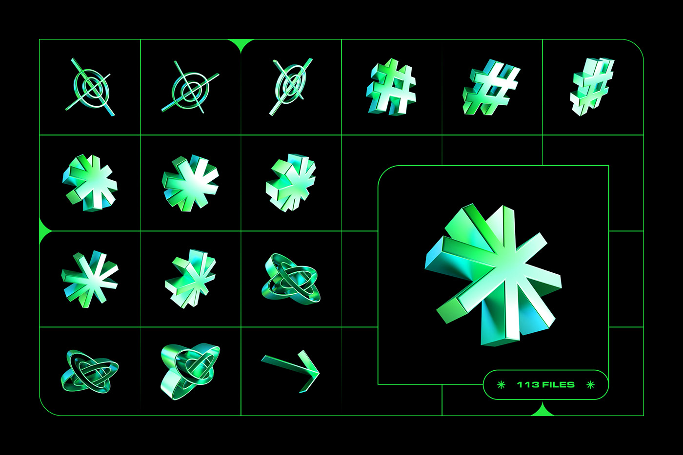 113款千禧年Y2K绿色镀铬金属3D几何抽象星芒PNG免扣设计元素套装 Y2K 3D Shapes Collection , 第3张